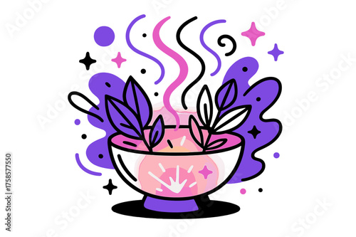Herbal Steam Glow. Herbal steam. A glowing bowl with herbs releasing fragrant steam, abstract floating swirls and sparkles symbolizing soothing energy. Modern