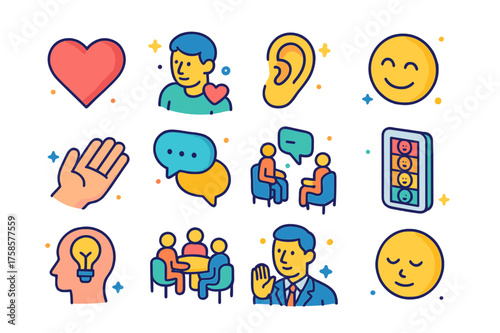 Emotional Intelligence Icons. Emotional intelligence. Colorful isometric vector icons set of emotional intelligence: heart, empathetic person, listening ear,