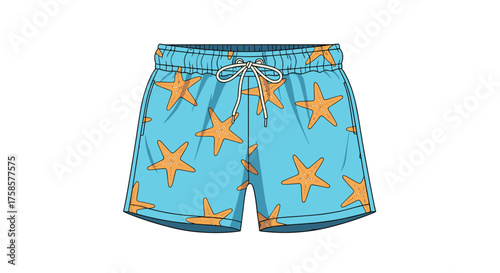 Light blue board shorts with a repeating pattern of orange starfish.