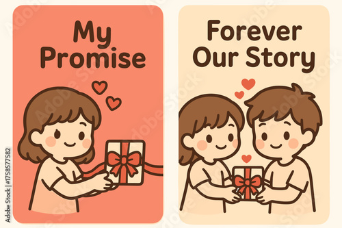 Kawaii Promise Banners. Promise. Two vertical A6 banners, kawaii, red and beige backgrounds, cute characters exchanging a ribbon-wrapped note and hearts, first