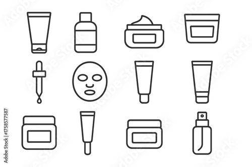 Skincare Icon Set. Skincare products. Line icon set of Skincare products: cleanser tube, toner bottle, moisturizer jar, serum dropper, face mask sheet,
