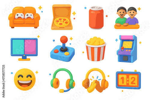 3D Co-op Icons Collection. Local co-op. 3D icons set of local co-op: couch with two controllers, pizza box, soda can, split TV screen, joystick, friends