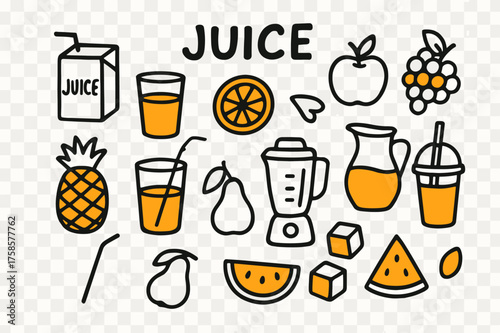 Fruit Juice Doodles. Juice. Hand-drawn doodle illustration juice juice box (accented), glass with straw, orange slice (accented), apple, grapes (accented),