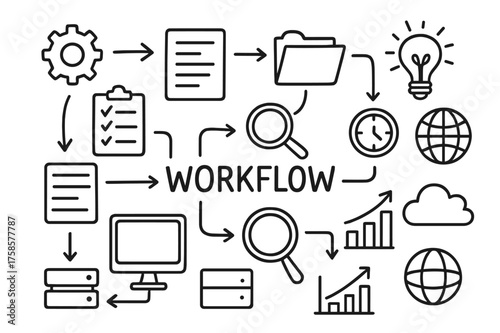 Workflow Doodle Icons. Workflow. Hand-drawn doodle illustration workflow flowchart boxes, arrows, gear, checklist, document, folder, magnifying