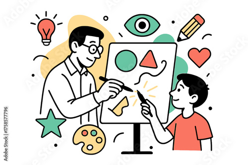 Creative Tutoring Session. Creative tutoring moment. Tutor drawing abstract shapes on virtual whiteboard, student holding stylus with light sparks connecting