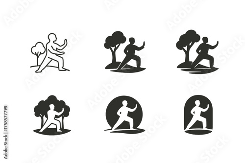 Tai Chi Logos. A person practicing tai chi in a serene park, surrounded by greenery. Set Logo of A person practicing tai chi in a serene park, surrounded by