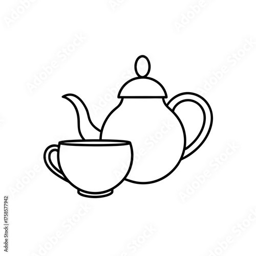 Teapot and teacup simple outline on transparent background