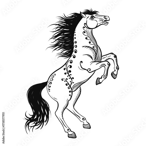 Hand drawn rearing horse in motion with flowing mane isolated on white background.  2026 Year of the Horse, zodiac, tattoo, Equine art themes. Vector line illustration, symbolizing strength and energy
