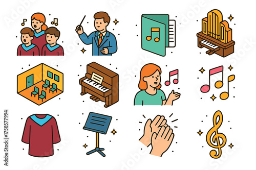 Colorful Choir Icons. Choir practice. Colorful isometric vector icons set of choir practice: choir singers, conductor, sheet music folder, church organ,