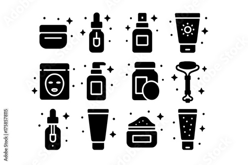 Skincare Icons Grid. Skincare Shelf. Solid icons set of Skincare Shelf: face cream jar, serum bottle, toner spray, sunscreen tube, face mask packet, cleanser