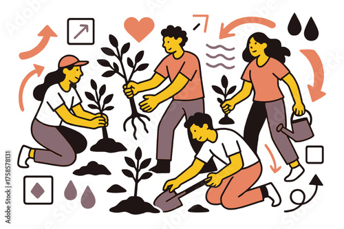 Resilient Tree Planting. Community tree planting. Glowing volunteers planting trees near flood-prone areas, abstract floating geometric icons and water symbols