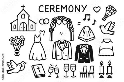 Church Wedding Doodles. Ceremony. Hand-drawn doodle illustration ceremony church, arch, rings, bouquet, dress, tuxedo, veil, music notes, heart, candles,
