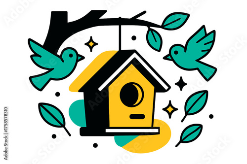 Glowing Birdhouse Haven. Hanging birdhouse. A glowing finished birdhouse hanging from a tree branch, abstract floating birds, leaves, and sparkles symbolizing