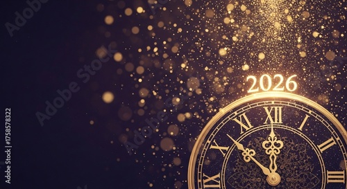 Happy New Year 2026 banner with luxury vintage clock counting down to midnight on a festive background with golden bokeh and copy space.