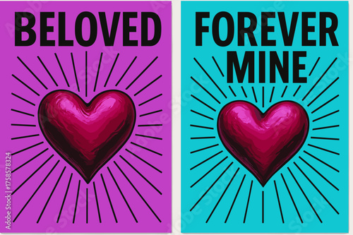 Neon Love Banners. Beloved. Two vertical A6 banners, bold, neon purple and cyan backgrounds, sculpted heart with radiant lines, first banner with