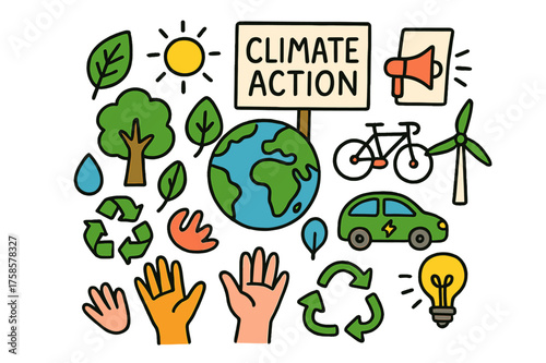 Eco-Friendly Doodle Art. Climate Action. Colorful Hand-drawn doodle Children illustration protest sign, globe, tree, leaf, megaphone, sun, wind turbine,