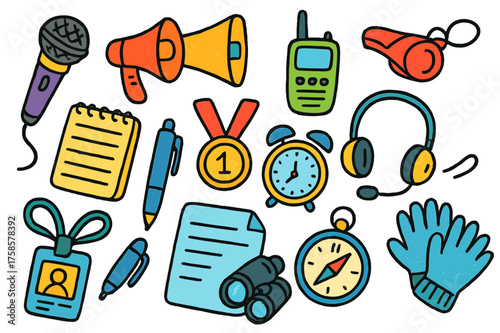 Colorful Communication Icons. Command. Colorful Hand-drawn doodle Children illustration Microphone, megaphone, walkie-talkie, whistle, notebook, medal, clock,