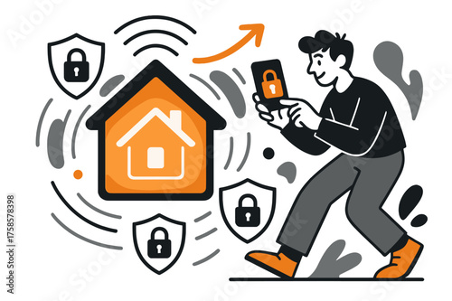 Smart Home Activation. Smart home security. A glowing house silhouette surrounded by shield icons and abstract signal waves. A figure taps on a phone to