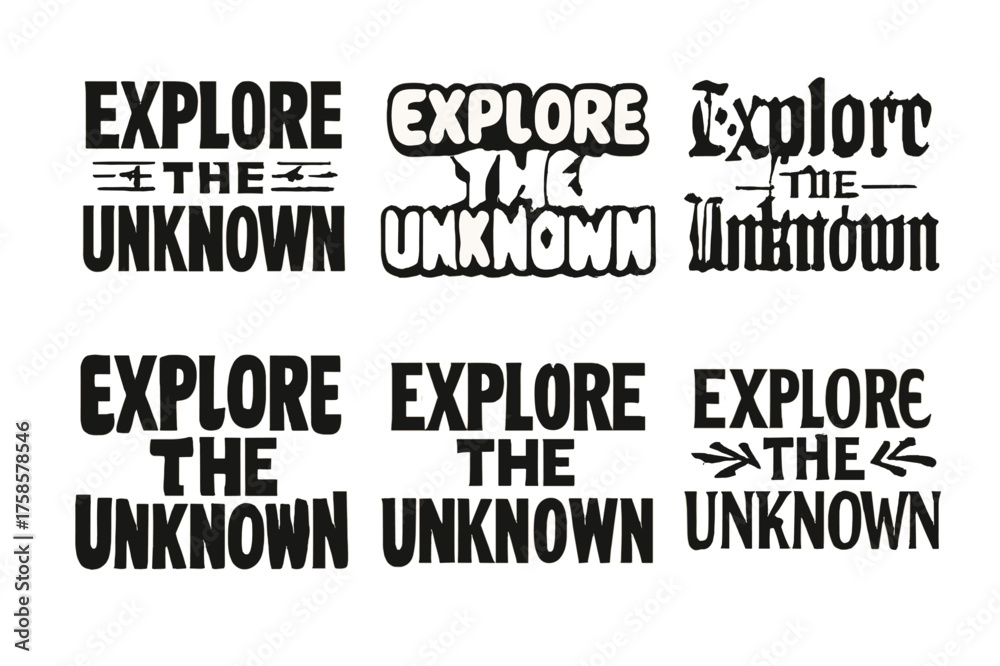 Obraz premium Creative Lettering Variations. Explore the unknown. Set lettering. harmonious lettering variations of the same emblematic concept, each with different artistic