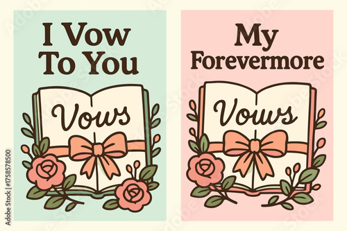 Wedding Vows Banners. Vows. Two vertical A6 banners, cartoon, pastel mint and pink backgrounds, open vow book with ribbon and floral accents, first banner with