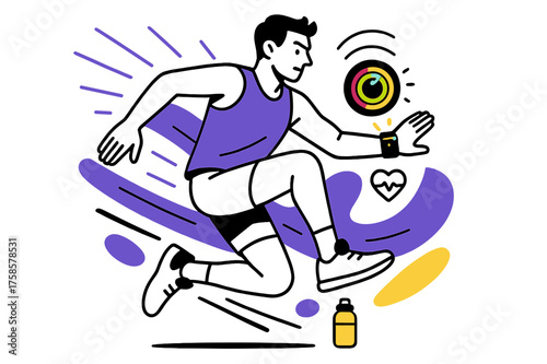 Athlete's Energetic Leap. Fitness tracker. An athlete mid-jump with a smartwatch glowing, activity rings and heartbeat icons orbiting, energetic motion lines