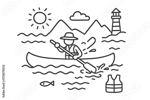 Rowing Adventure Doodle. Rowing a boat. Hand-drawn doodle illustration rowing a boat canoe outline, kayak outline, paddle splashing, paddler with hat, water