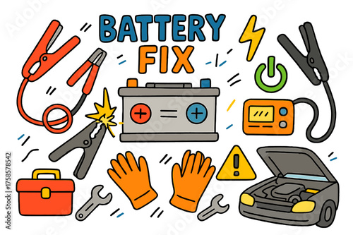 Battery Fix Doodle. Battery Fix. Colorful Hand-drawn doodle Children illustration Battery Fix car battery, jumper cables, spark, red clamp, black clamp,