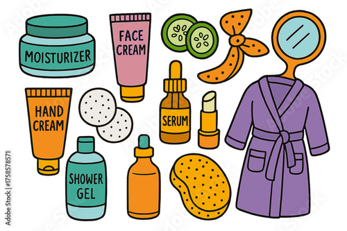 Skincare Doodle Icons. Skincare. Colorful Hand-drawn doodle Children illustration moisturizer jar, face cream tube, cotton pads, cucumber slices, mirror,