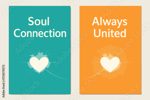 Soulful Heart Banners. Soul Connection. Two vertical A6 banners, minimal, turquoise and orange backgrounds, radiant threads linking two hearts with subtle halo