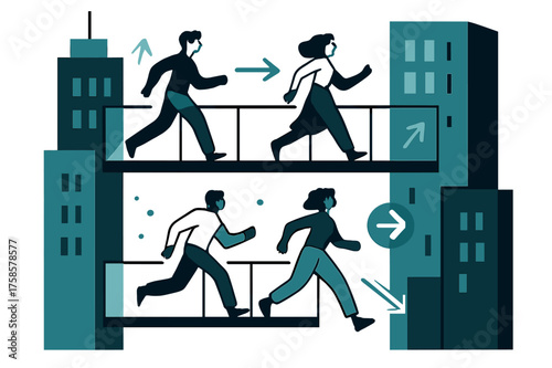 Skybridge Flow Connections. Skybridge connections. Glass walkways linking tall towers, silhouettes of people crossing, arrows floating to show flow. Movement