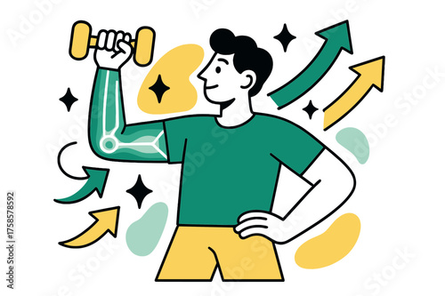 Innovative Prosthetic Power. Smart prosthetics. A character with a glowing prosthetic arm holding objects, abstract arrows and sparkles floating around showing