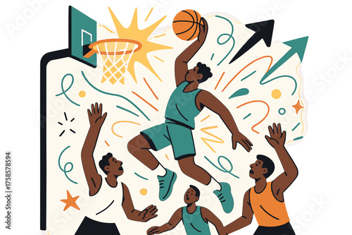 Dynamic Slam Dunk. Basketball game. A player leaps toward a glowing hoop with a ball in hand, abstract spark lines highlighting the slam dunk. Energy explodes