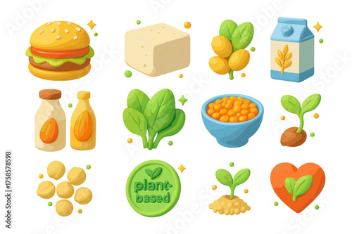 Plant-Based Food Icons. Plant-based food. 3D icons set of plant-based food: veggie burger, tofu block, soybeans, oat milk carton, almond milk, leafy greens,