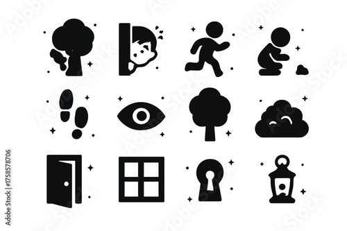 Hide and Seek Icons. Hide and Seek. Solid icons set of Hide and Seek: child hiding behind tree, child peeking, running child, crouching child, footprints, eye
