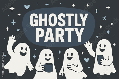 Ghostly Party Fun. GhostlyParty banner, flat vector illustration, bold oversized text inside rounded blob, cartoon characters dancing and waving at banner,