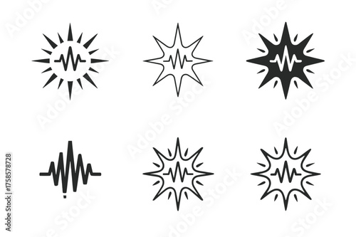 Sound Wave Logos. Sudden loud noise. Set Logo of Sound: sound wave burst icon. harmonious logo variations of the same emblematic concept, each with different