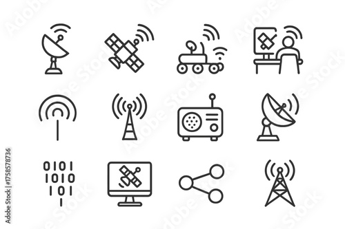 Space Communication Icons. Space communication. Line icon set of Space communication: antenna, satellite, rover signal, control center, radio waves,