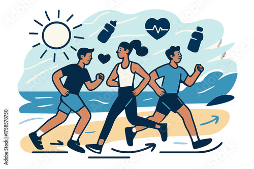 Energetic Beach Workout. Summer fitness and workout routines. People jogging along a glowing beach path, sun shining with energy waves. Floating icons of water