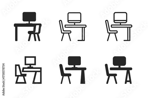 Minimal Workspace Logos. Designing home office spaces for productivity. Set Logo of Interior design: minimal workspace icon. harmonious logo variations of the