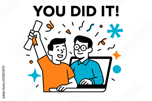 Achievement Celebration Scene. Tutoring success celebration. Student holding diploma with laptop screen showing smiling tutor, floating confetti and abstract