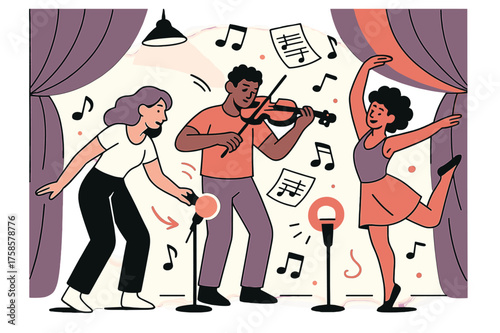 Backstage Performance Energy. Backstage moments. Performers practicing, glowing microphones and sheet music floating, abstract curtains framing the scene. A