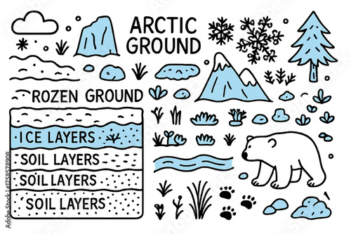 Arctic Frozen Landscape. Arctic Ground. Hand-drawn doodle illustration arctic ground frozen ground (accented), snow, ice layers (accented), rocks, tundra