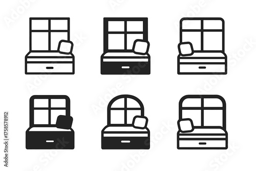 Tiny Space Logos. Tiny living spaces. Set Logo of Tiny living spaces: Multi-use window seat with hidden storage. harmonious logo variations of the same