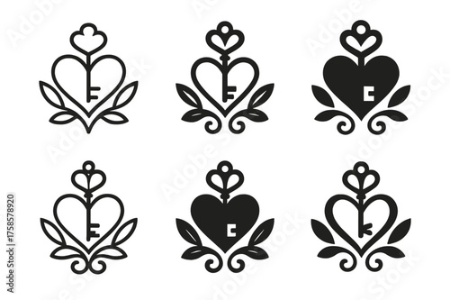 Fairy-Tale Romance Logos. Fairy-Tale Romance. Set Logo of Fairy-Tale Romance: Key to the Heart. harmonious logo variations of the same emblematic concept, each
