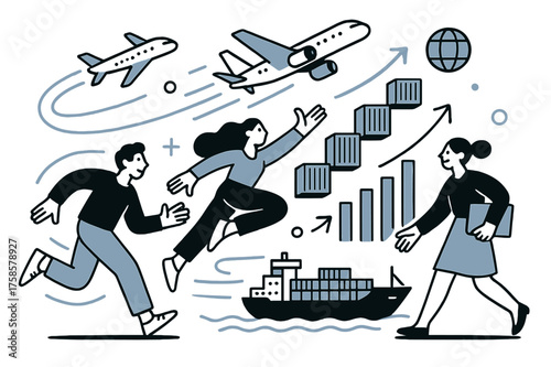 Dynamic Global Trade Scene. Global trade. Cargo ships and planes glowing with movement lines. Containers turning into rising bar charts as they float upward.