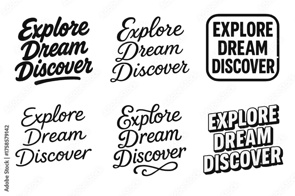 Fototapeta premium Creative Lettering Grid. Explore dream discover. Set lettering. harmonious lettering variations of the same emblematic concept (Bold hand-lettering with