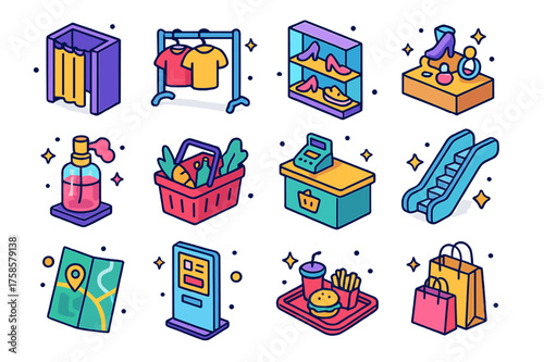 Colorful Shopping Icons. Shopping experience. Colorful isometric vector icons set of shopping experience: fitting room, clothes rack, shoe shelf, jewelry