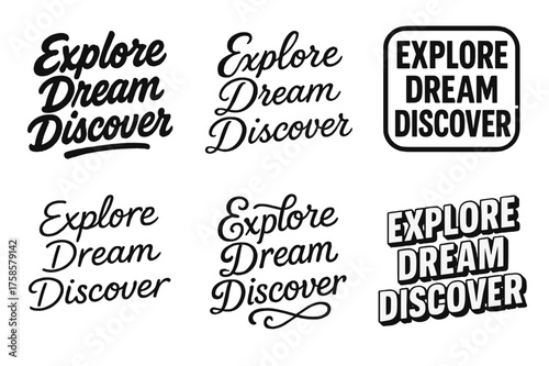 Creative Lettering Grid. Explore dream discover. Set lettering. harmonious lettering variations of the same emblematic concept (Bold hand-lettering with