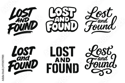 Lettering Styles Grid. Lost and found. Set lettering. harmonious lettering variations of the same emblematic concept (Dynamic brushstroke graffiti lettering,