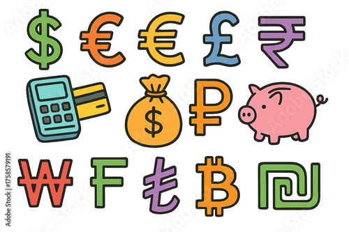 Colorful Currency Icons. Currency Symbols. Colorful Hand-drawn doodle Children illustration Currency Symbols dollar sign, euro sign, yen sign, pound sign,